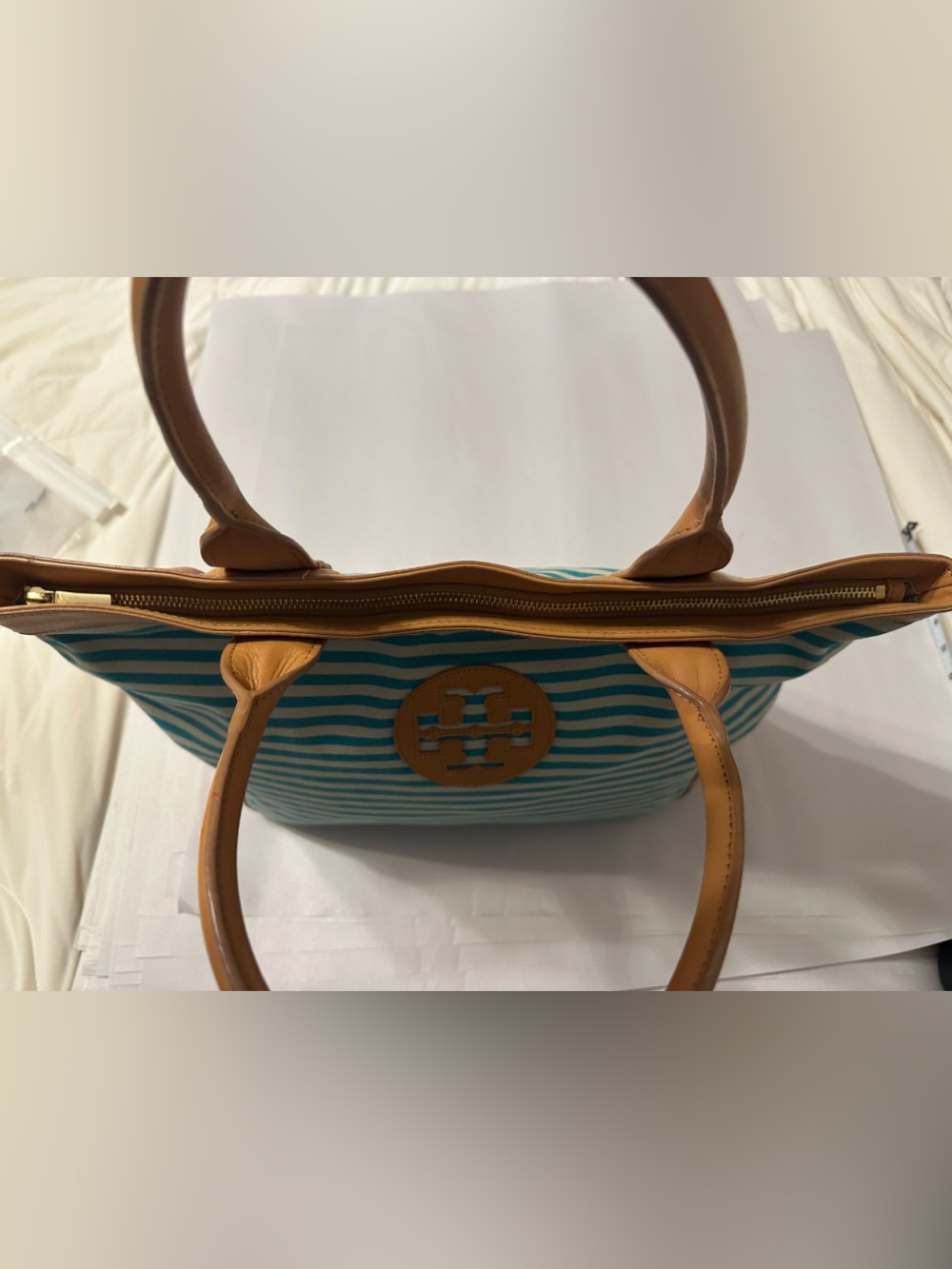 Tory Burch Teal and Cream Striped Canvas Small Sophia Tote with Tan Leather Trim - Picture 4 of 16